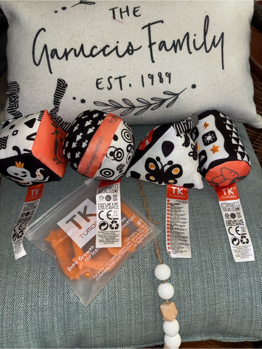 Tumama Black, White & Orange Baby Activity Rattle Set. NWOT